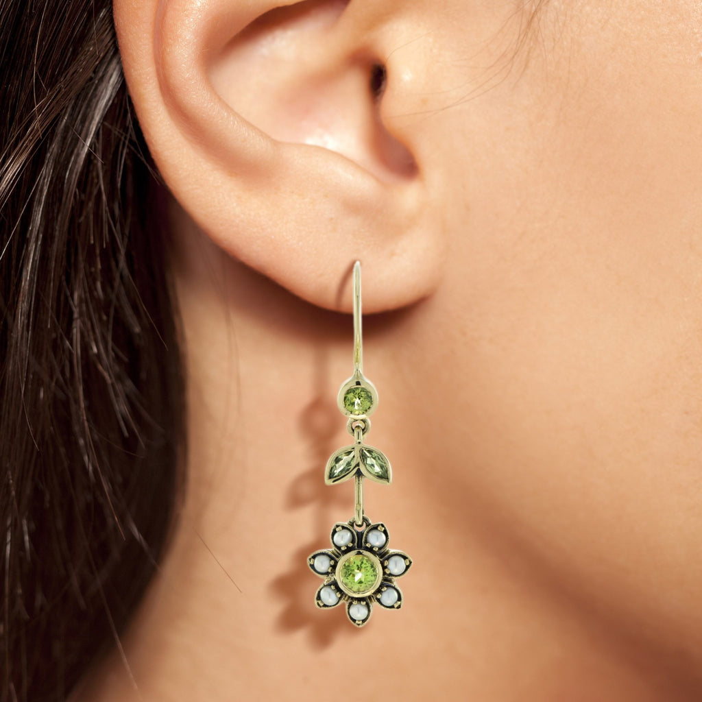 Green Peridot & Pearl Vintage Style Floral Drop 9K Yellow Gold Earrings