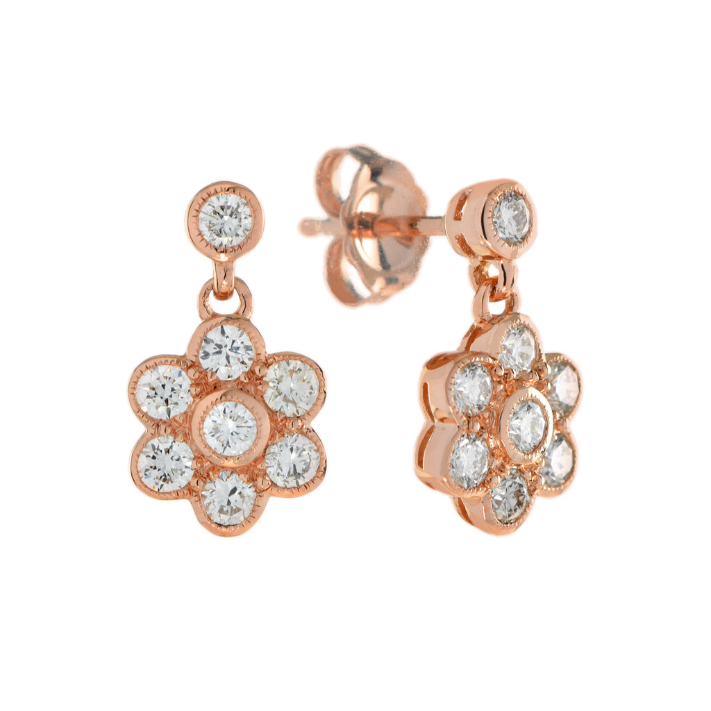 1 Ct Diamond Cluster Vintage Style Floral Drop 14K Rose Gold Earrings