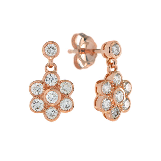 1 Ct Diamond Cluster Vintage Style Floral Drop 14K Rose Gold Earrings
