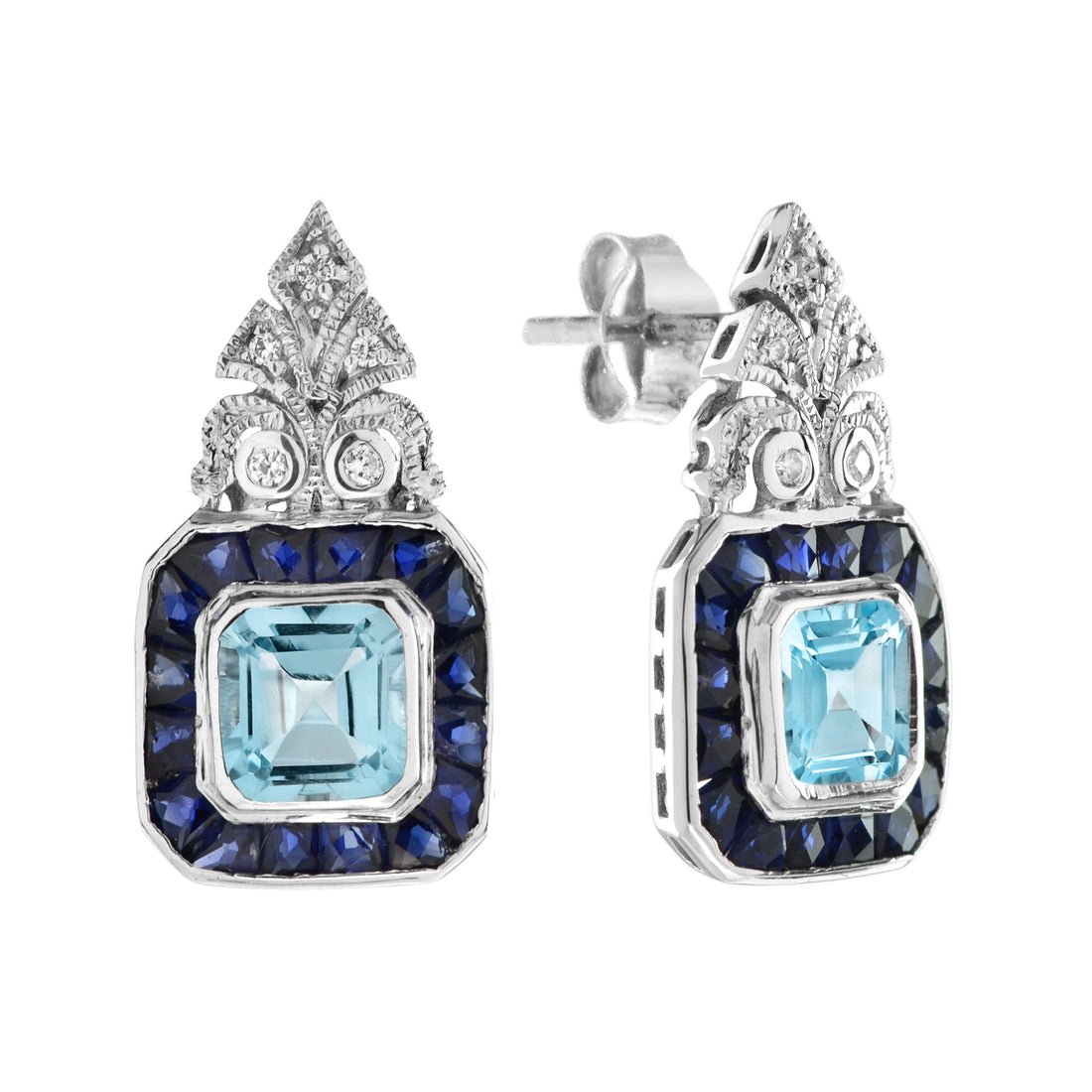 Blue Aquamarine &amp; Sapphire Diamond Art Deco Style Stud 14K White Gold Earrings