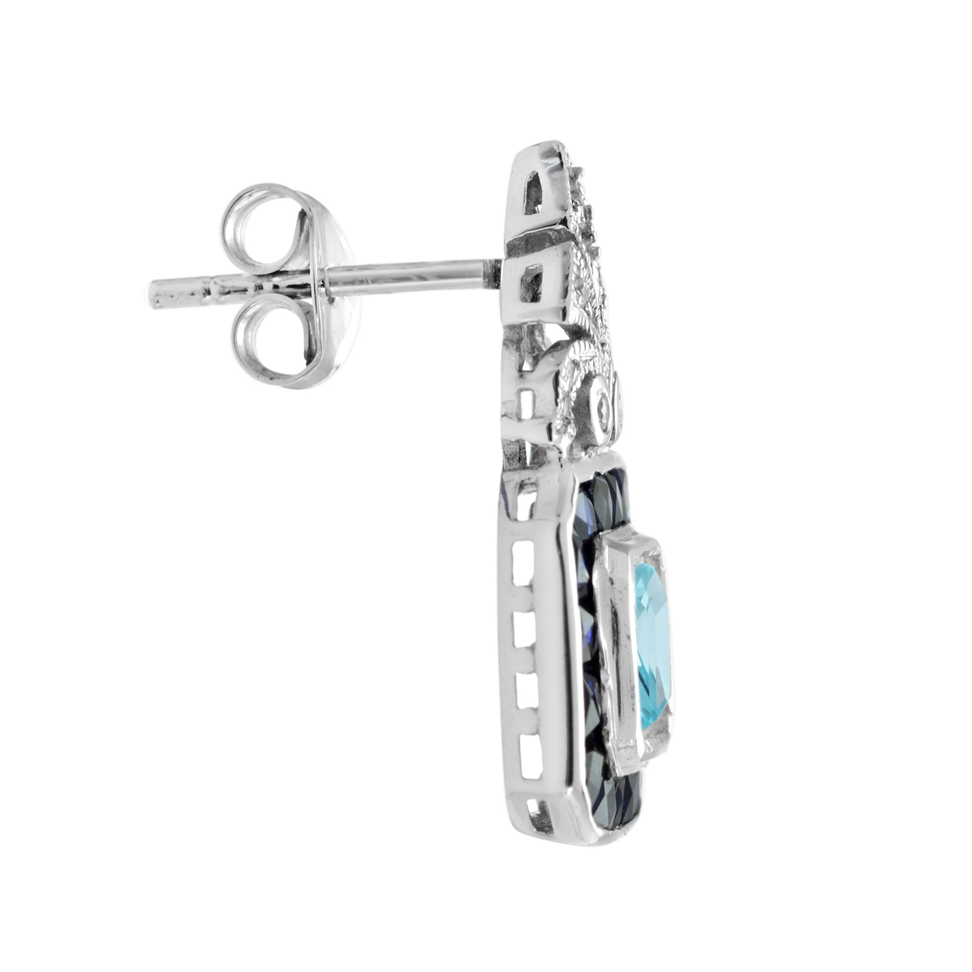 Blue Aquamarine &amp; Sapphire Diamond Art Deco Style Stud 14K White Gold Earrings