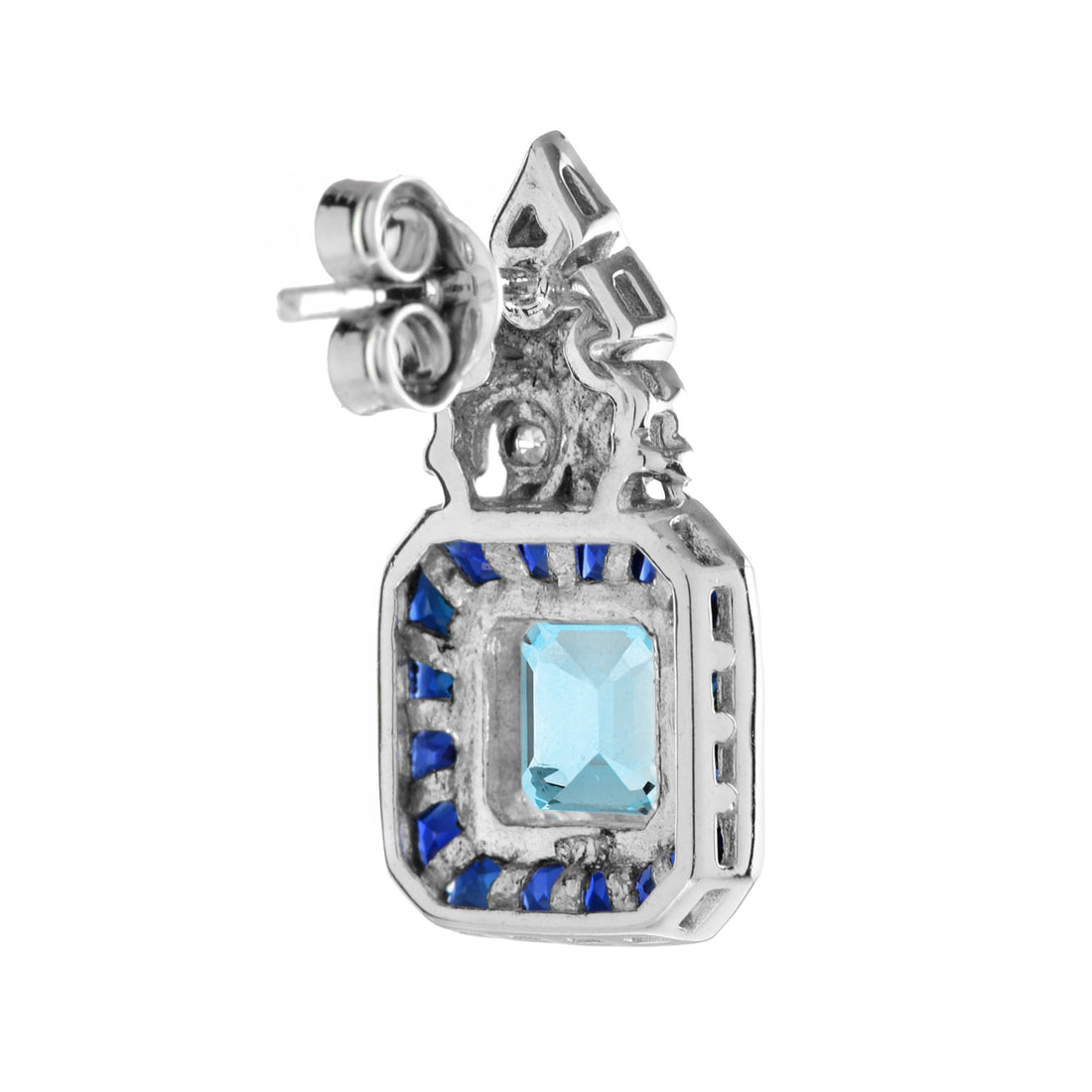 Blue Aquamarine &amp; Sapphire Diamond Art Deco Style Stud 14K White Gold Earrings