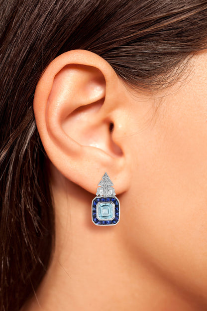 Blue Aquamarine &amp; Sapphire Diamond Art Deco Style Stud 14K White Gold Earrings