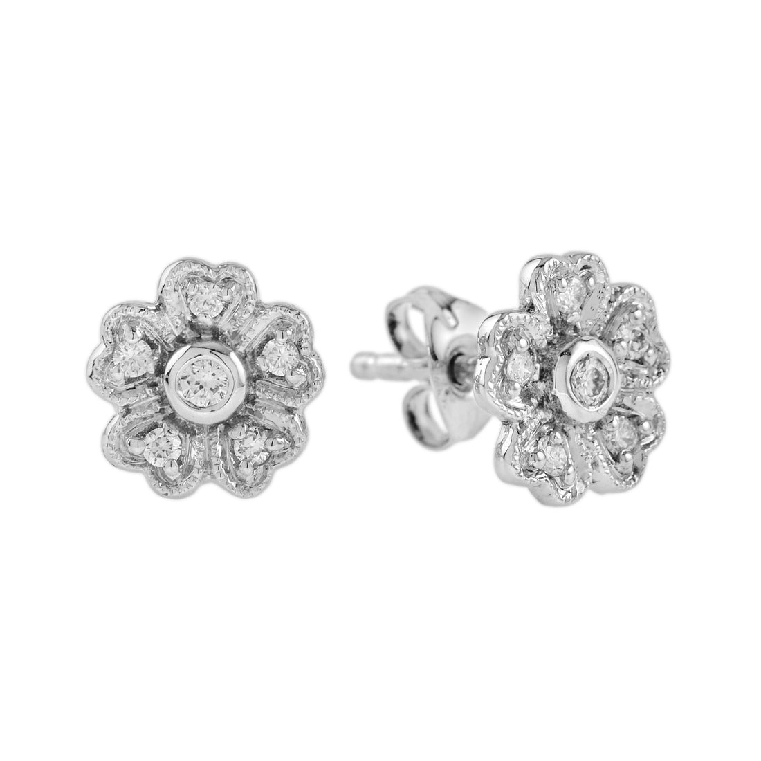 Vintage Style Diamond Cluster Stud 14k White Gold Earrings