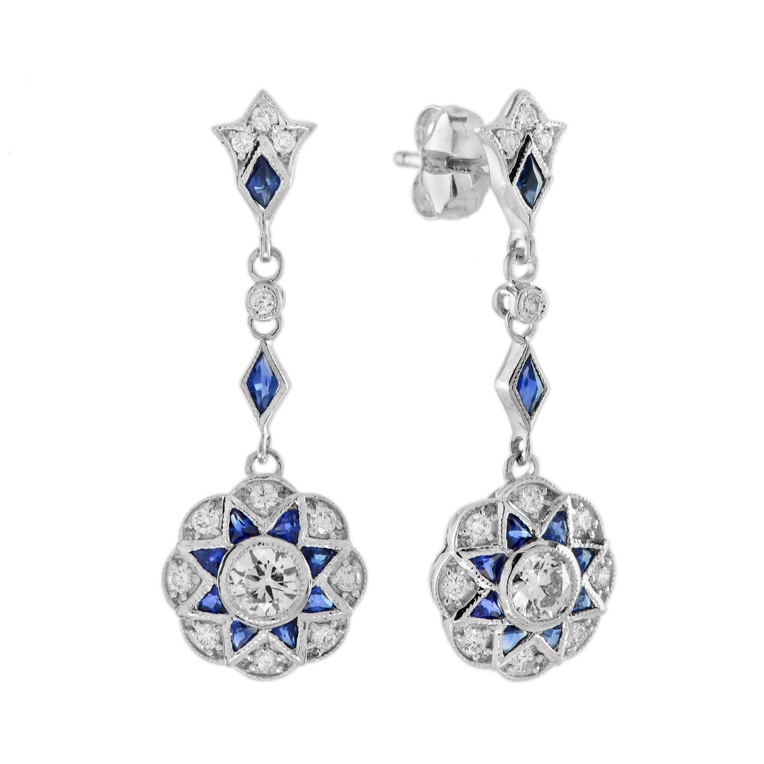 Diamond & Blue Sapphire Art Deco Style Inspire Floral Dangle White Gold Earrings