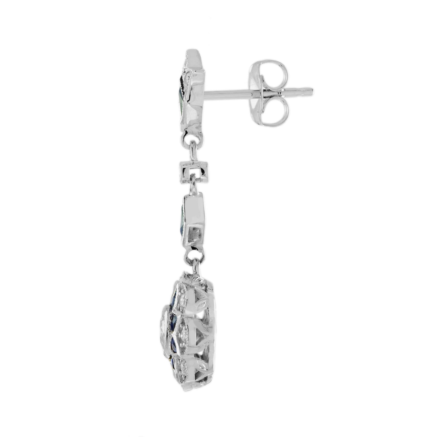 diamond & blue sapphire art deco style inspire floral dangle white gold earrings