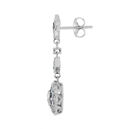 Diamond & Blue Sapphire Art Deco Style Inspire Floral Dangle White Gold Earrings
