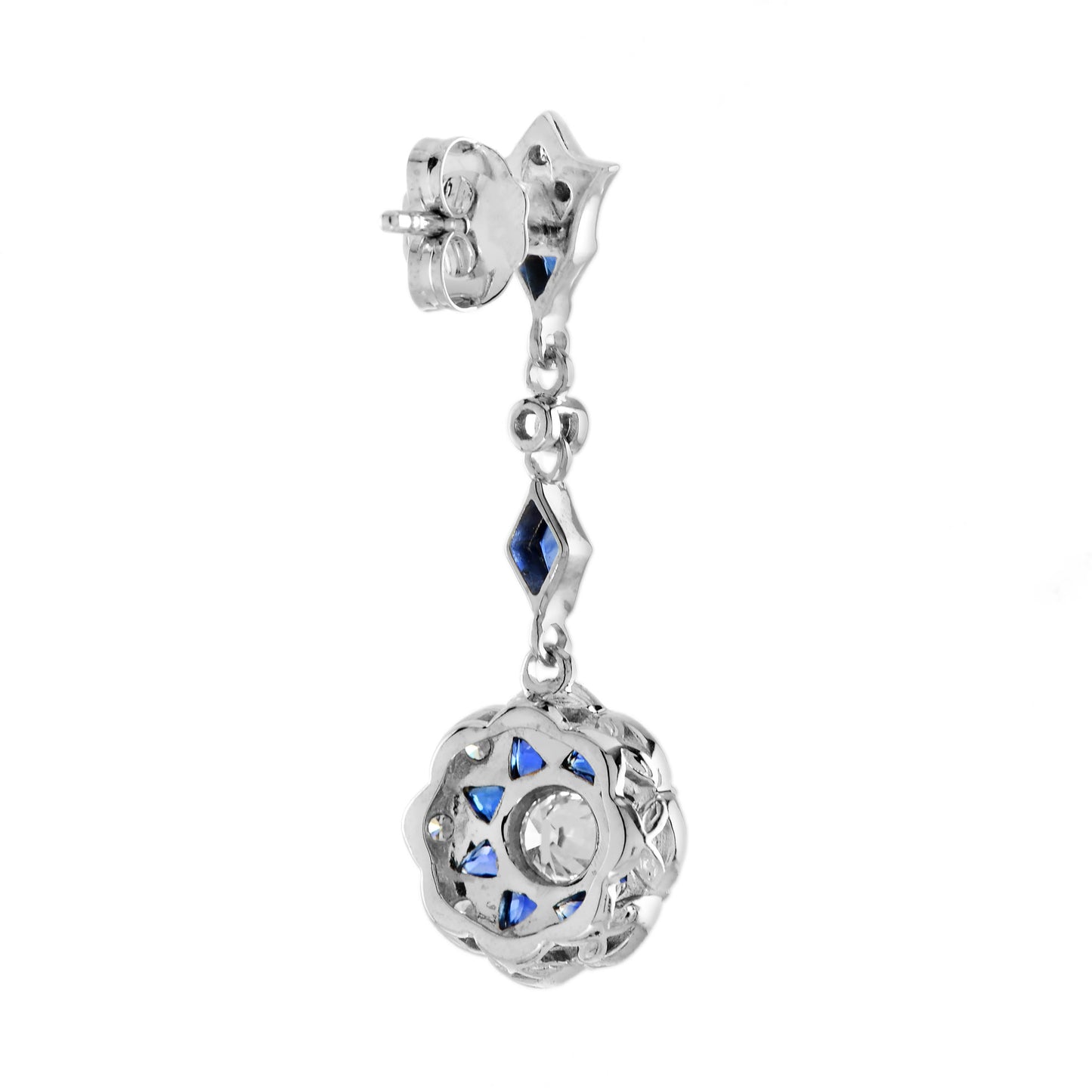 diamond & blue sapphire art deco style inspire floral dangle white gold earrings