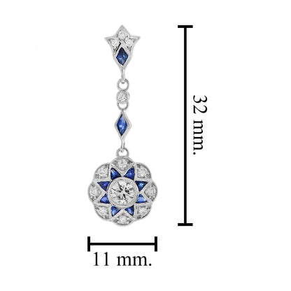 Diamond & Blue Sapphire Art Deco Style Inspire Floral Dangle White Gold Earrings