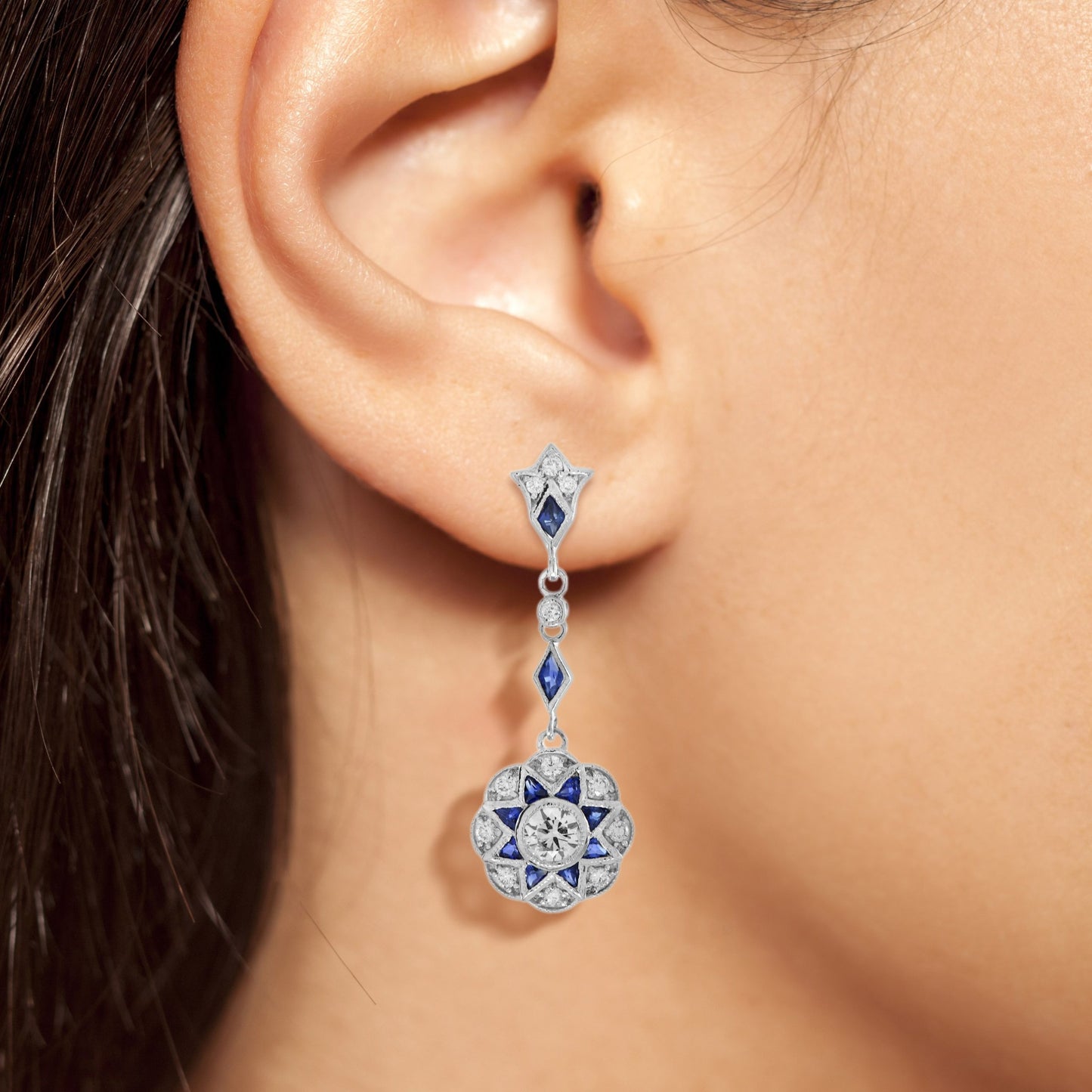 diamond & blue sapphire art deco style inspire floral dangle white gold earrings