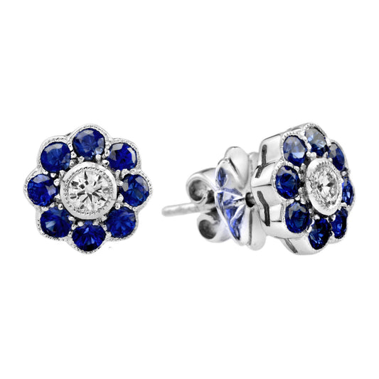 Diamond & Blue Sapphire Vintage Style Floral Flower 14K White Gold Stud Earrings