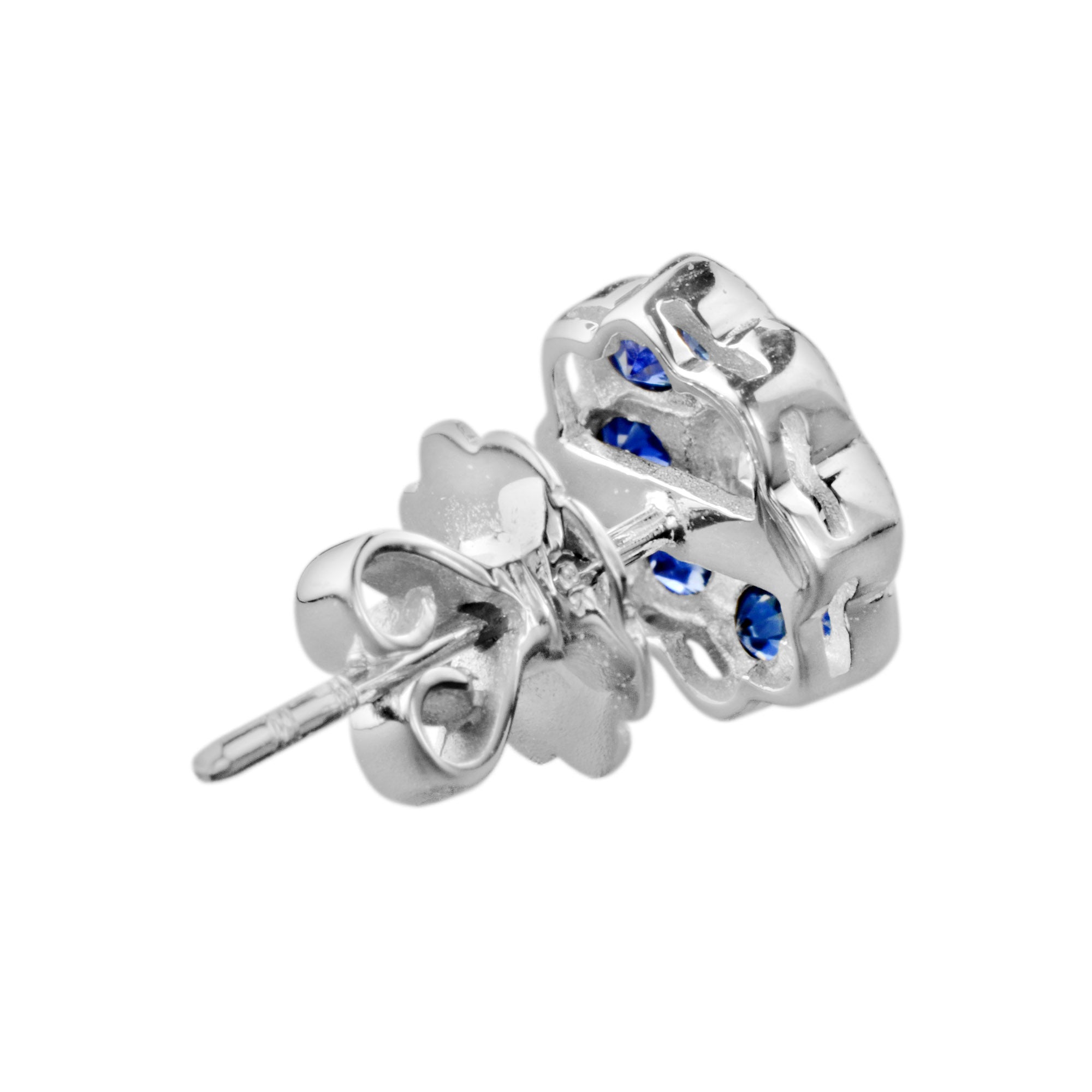 Diamond & Blue Sapphire Vintage Style Floral Flower 14K White Gold Stud Earrings