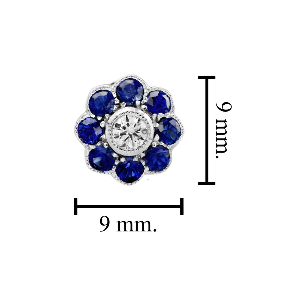 Diamond & Blue Sapphire Vintage Style Floral Flower 14K White Gold Stud Earrings