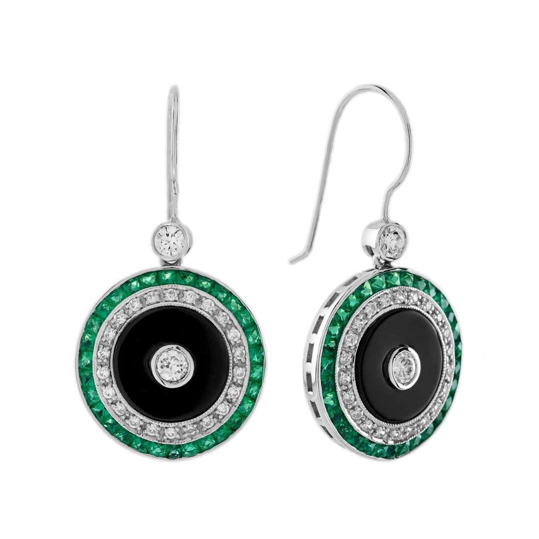 Diamond Onyx Emerald Art Deco Style Target Drop 14K White Gold Earrings