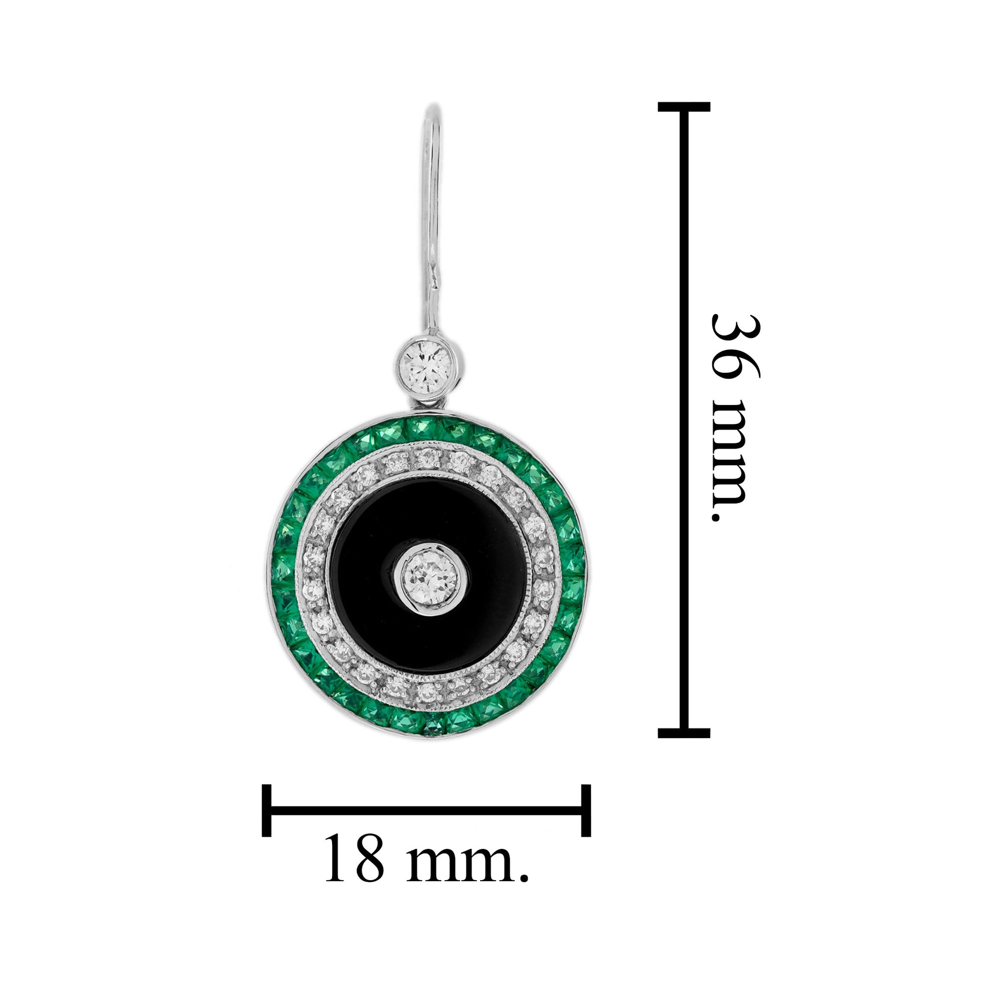 Diamond Onyx Emerald Art Deco Style Target Drop 14K White Gold Earrings