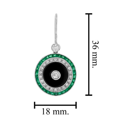 Diamond Onyx Emerald Art Deco Style Target Drop 14K White Gold Earrings