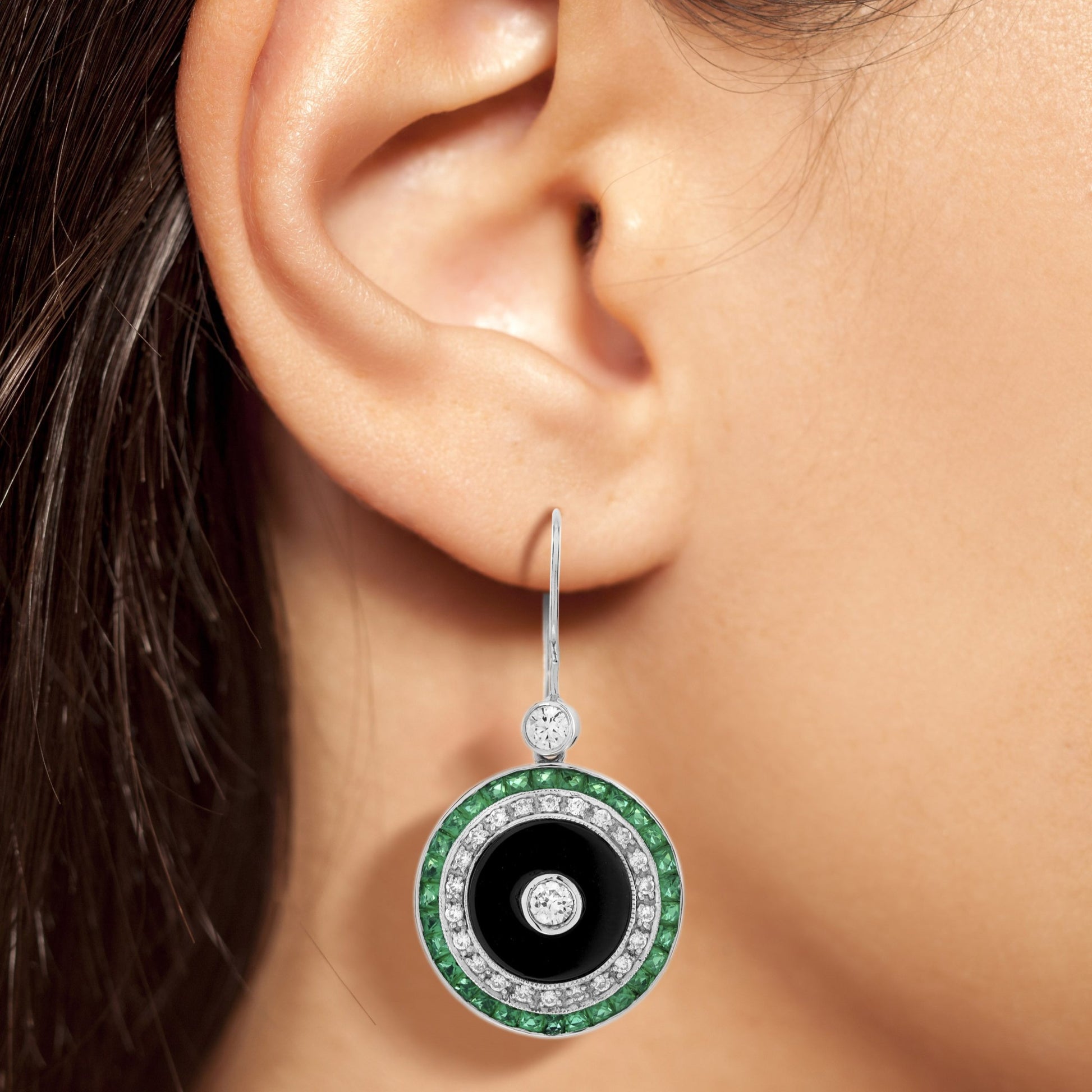 Diamond Onyx Emerald Art Deco Style Target Drop 14K White Gold Earrings