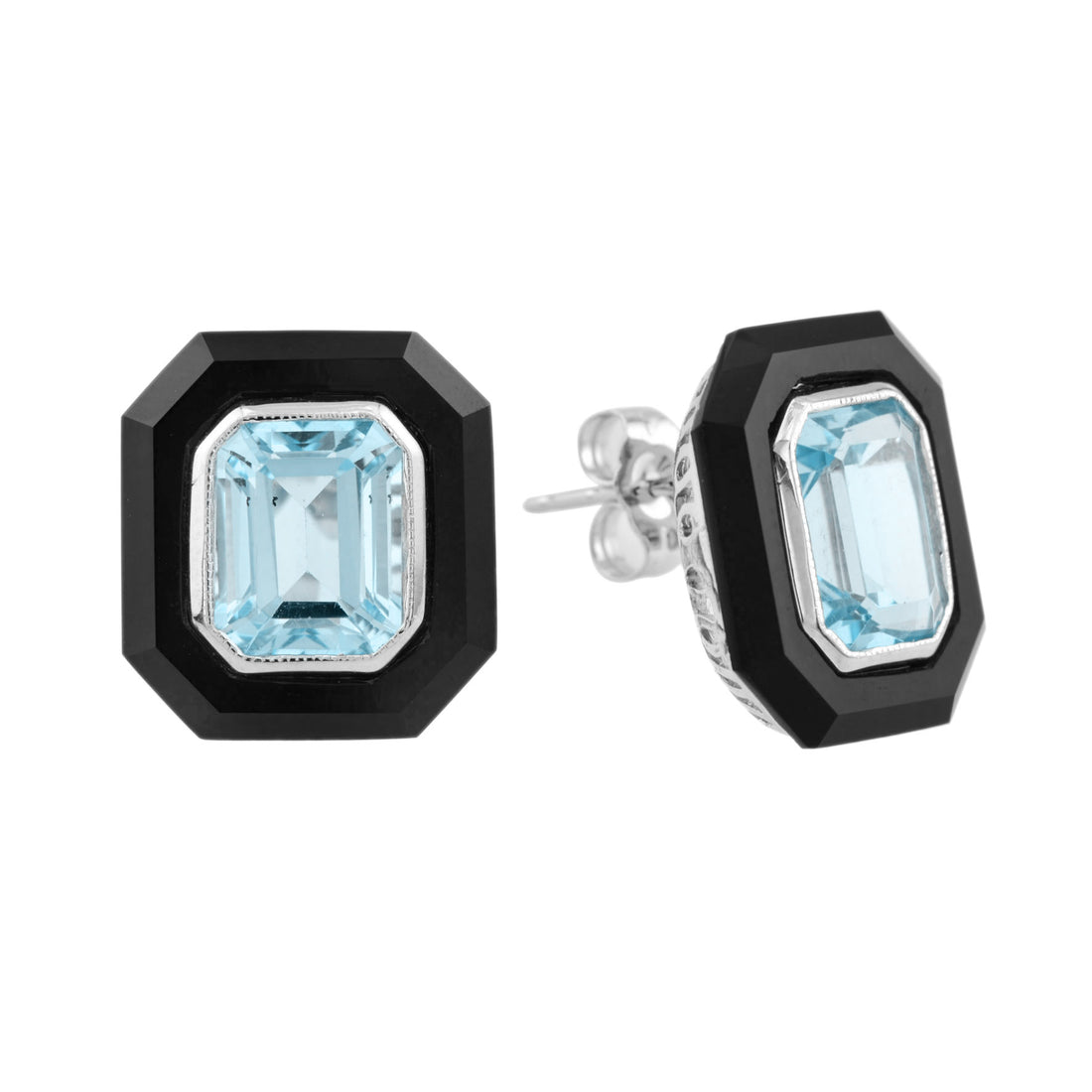 Octagon Emerald Cut Art Deco Style Blue Topaz & Onyx White Gold Stud Earrings