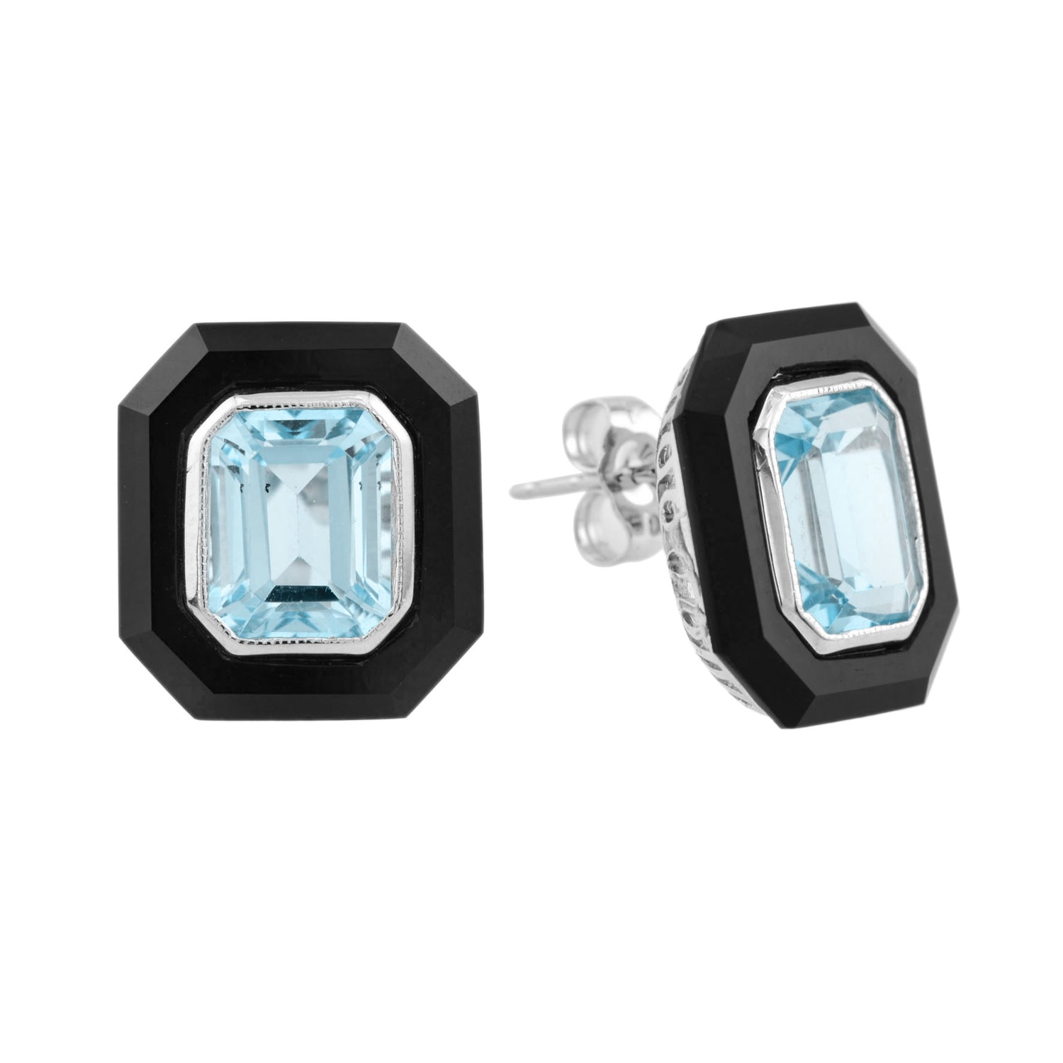 Octagon Emerald Cut Art Deco Style Blue Topaz &amp; Onyx White Gold Stud Earrings