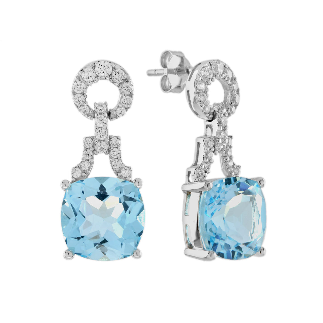 Cushion Blue Topaz & Diamond Art Deco Style Drop 14K White Gold Earrings