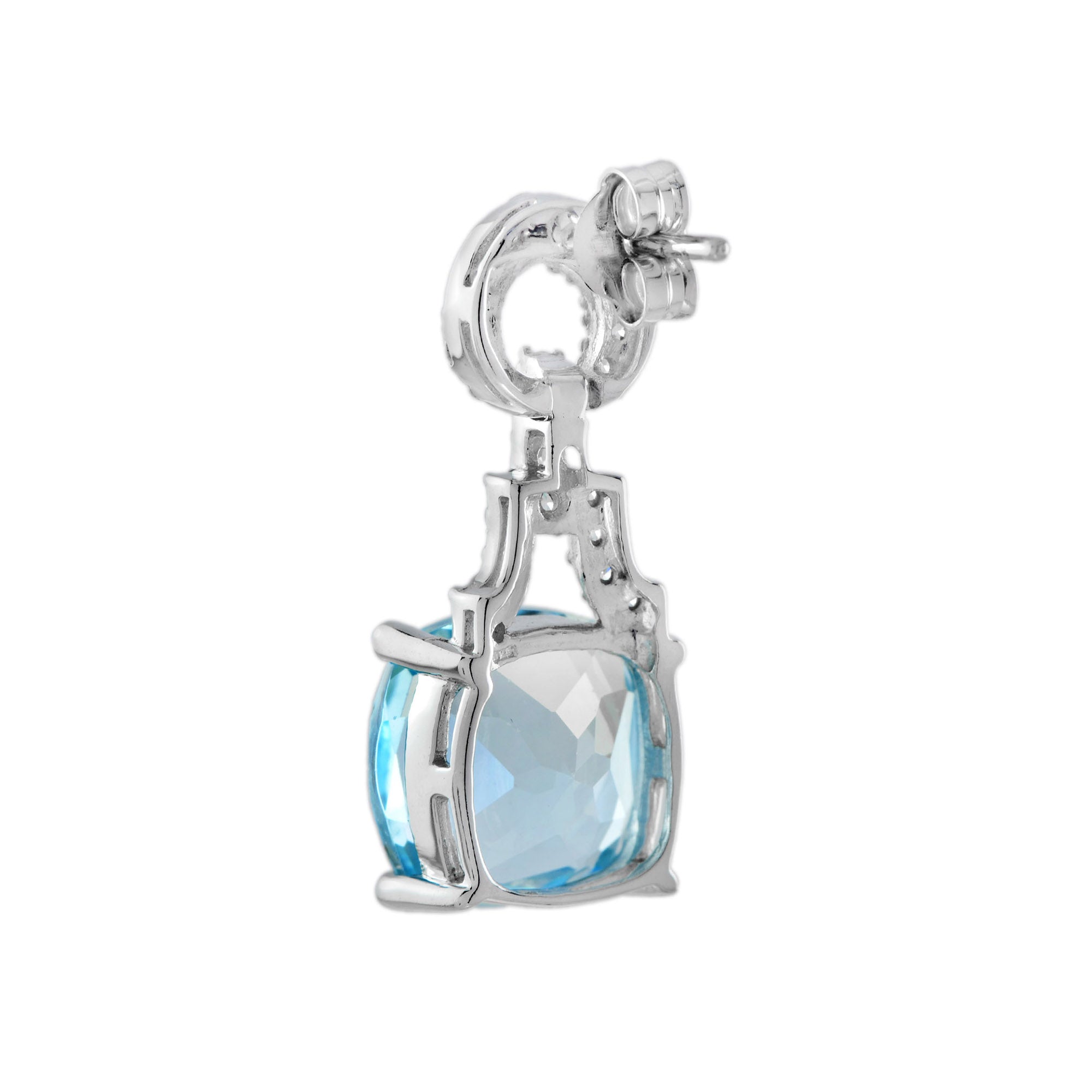 Cushion Blue Topaz &amp; Diamond Art Deco Style Drop 14K White Gold Earrings