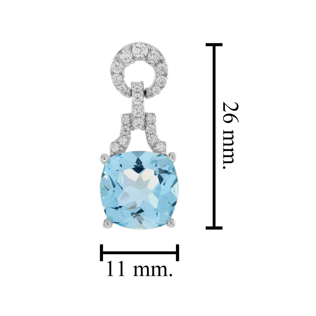 Cushion Blue Topaz & Diamond Art Deco Style Drop 14K White Gold Earrings