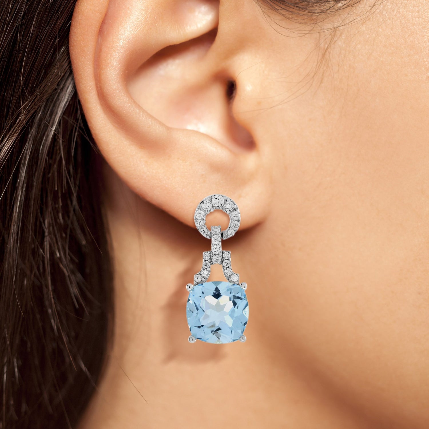 Cushion Blue Topaz &amp; Diamond Art Deco Style Drop 14K White Gold Earrings
