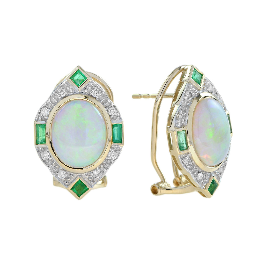 White Oval Shape Opal & Emerald and Diamond Vintage Inspired 14K Gold Earrings