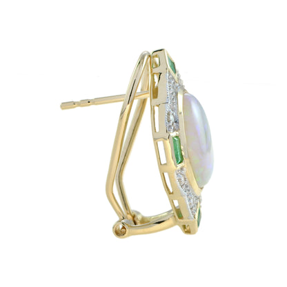 White Oval Shape Opal & Emerald and Diamond Vintage Inspired 14K Gold Earrings