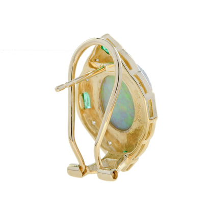 White Oval Shape Opal & Emerald and Diamond Vintage Inspired 14K Gold Earrings