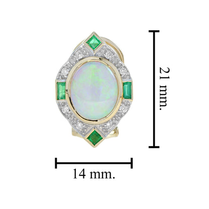 White Oval Shape Opal & Emerald and Diamond Vintage Inspired 14K Gold Earrings