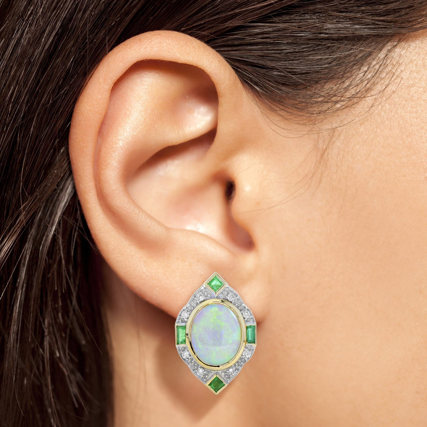 white oval shape opal & emerald and diamond vintage inspired 14k gold earrings