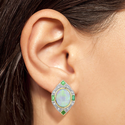 White Oval Shape Opal & Emerald and Diamond Vintage Inspired 14K Gold Earrings