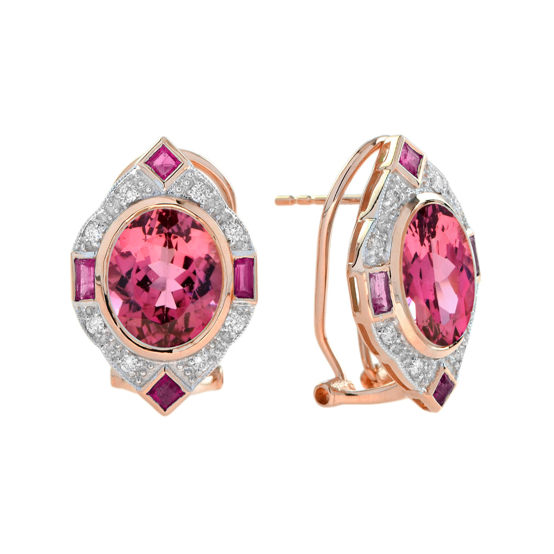 Oval Shape Pink Tourmaline & Ruby Diamond Vintage Inspired Rose Gold Earrings
