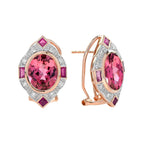 Oval Shape Pink Tourmaline & Ruby Diamond Vintage Inspired Rose Gold Earrings