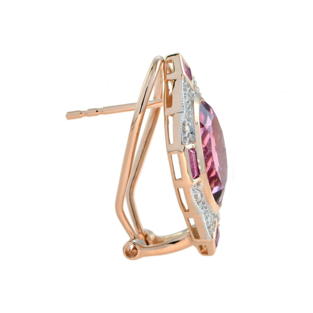 Oval Shape Pink Tourmaline & Ruby Diamond Vintage Inspired Rose Gold Earrings