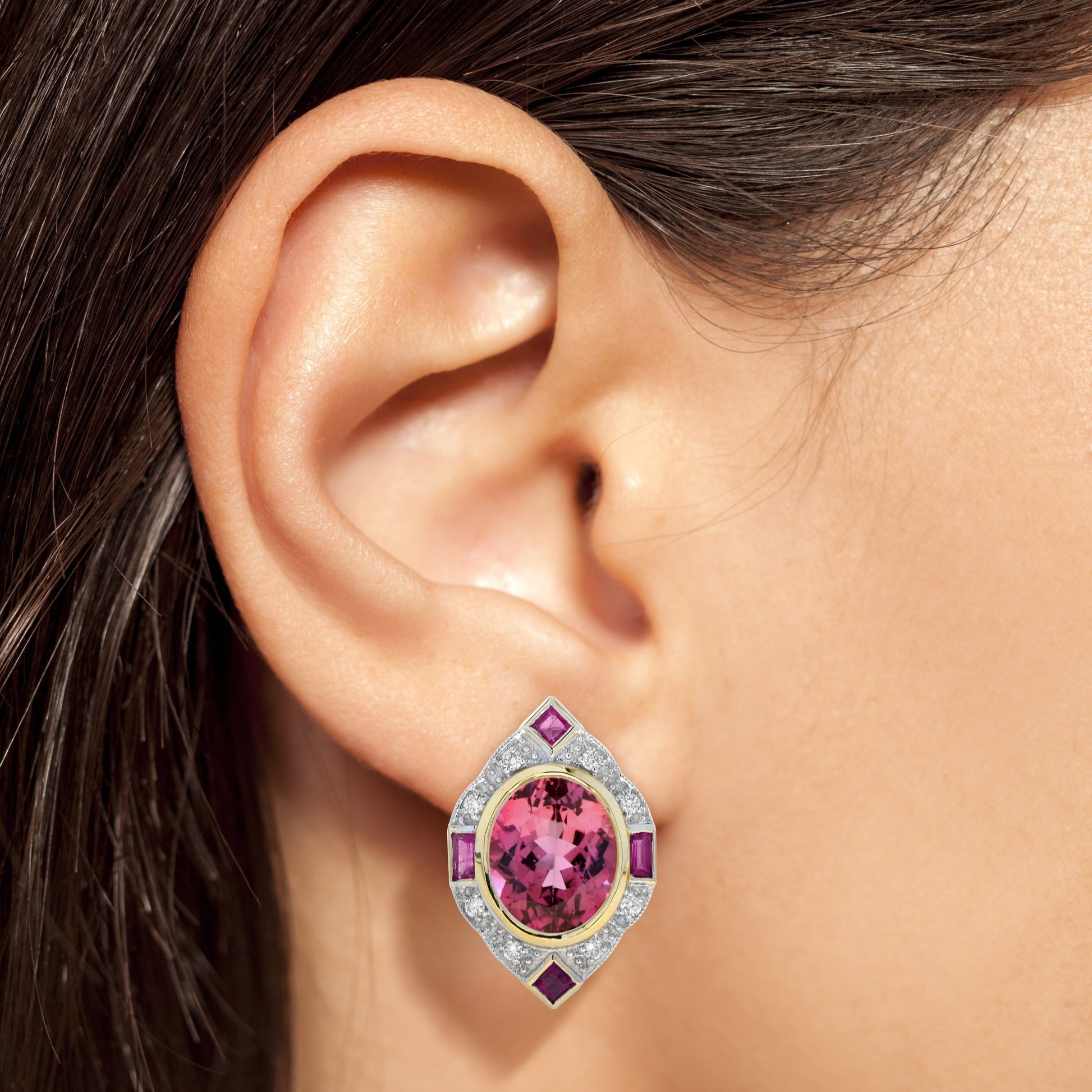 Oval Shape Pink Tourmaline & Ruby Diamond Vintage Inspired Rose Gold Earrings