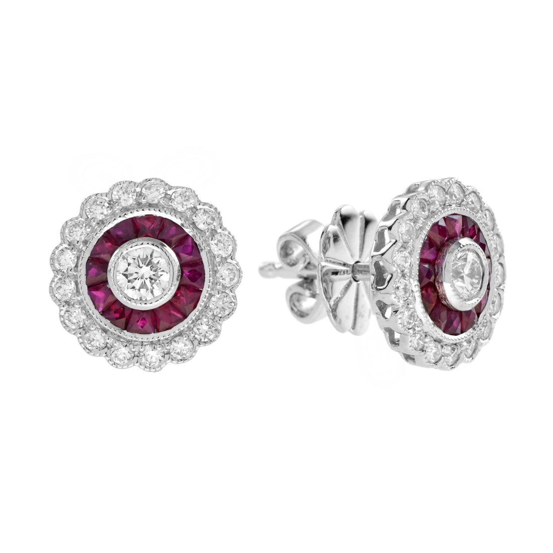 Round Diamond & Ruby Art Deco Style Floral Halo Set Stud Earrings