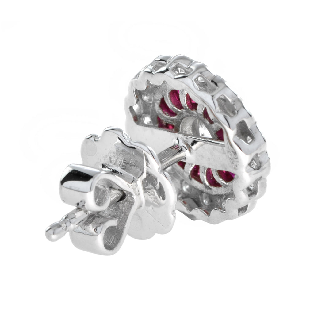 Round Diamond & Ruby Art Deco Style Floral Halo Set Stud Earrings