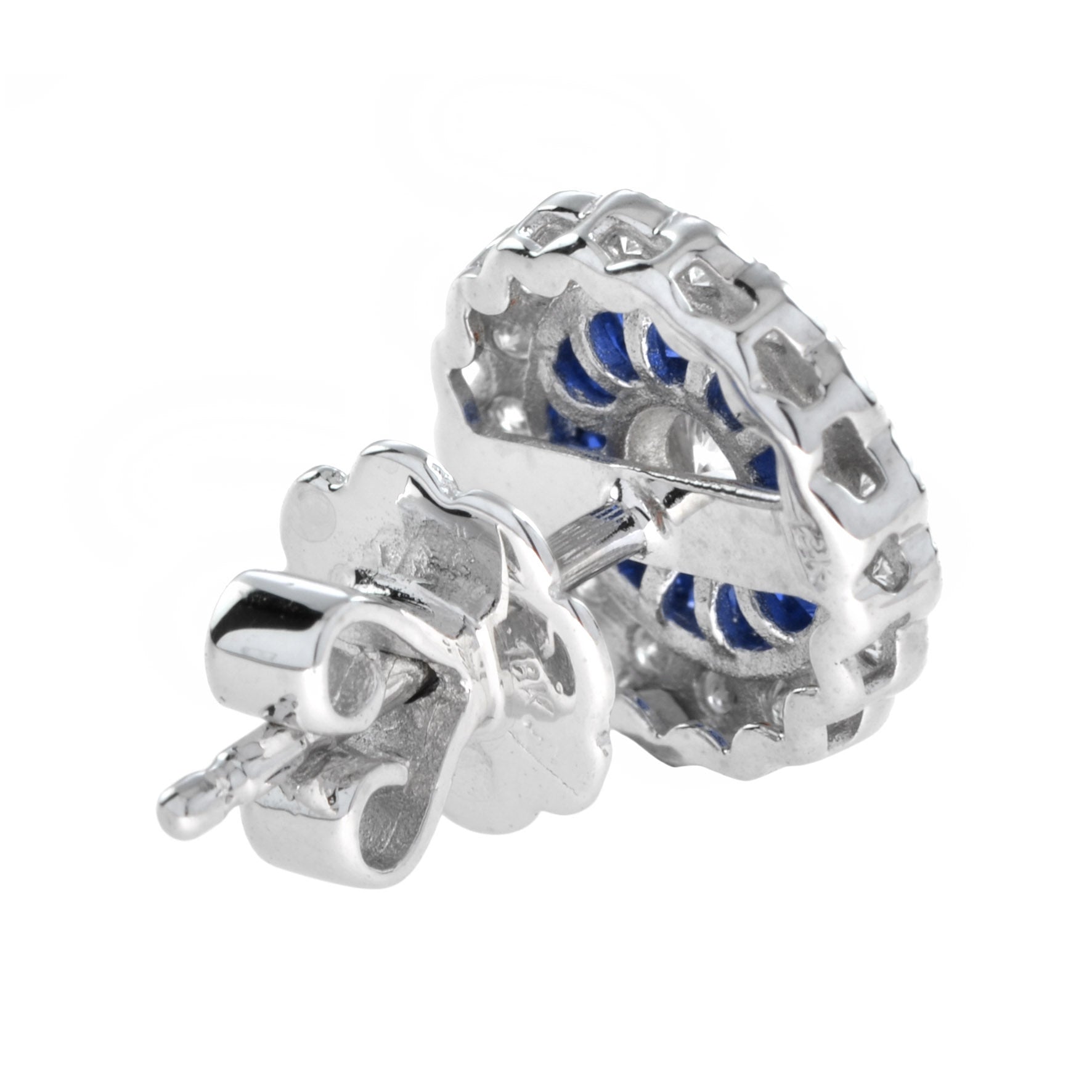 3mm Round Diamond & Blue Sapphire Vintage Style Halo Stud White Gold Earrings