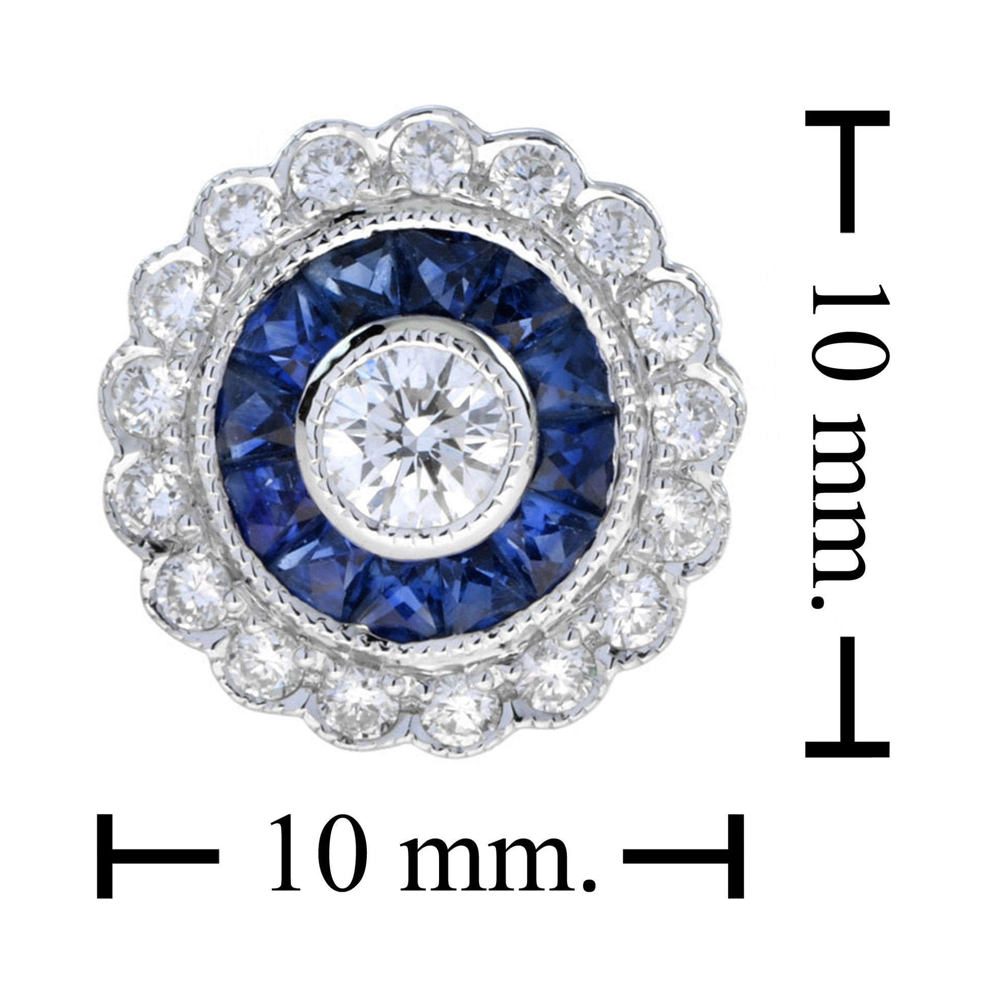 3mm Round Diamond & Blue Sapphire Vintage Style Halo Stud White Gold Earrings