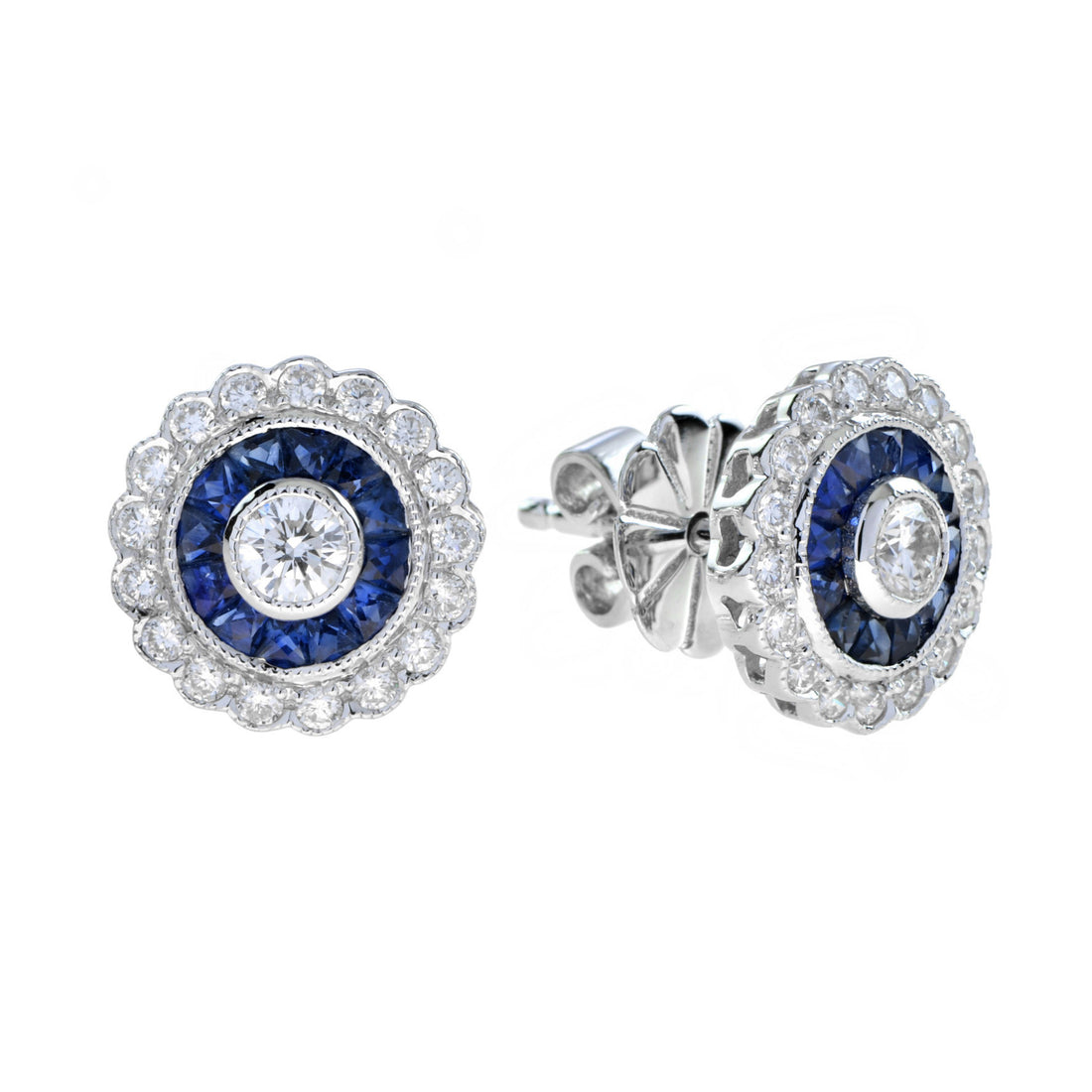 3mm Round Diamond & Blue Sapphire Vintage Style Halo Stud White Gold Earrings