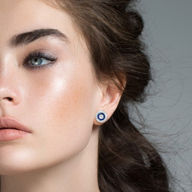 3mm round diamond & blue sapphire vintage style halo stud white gold earrings