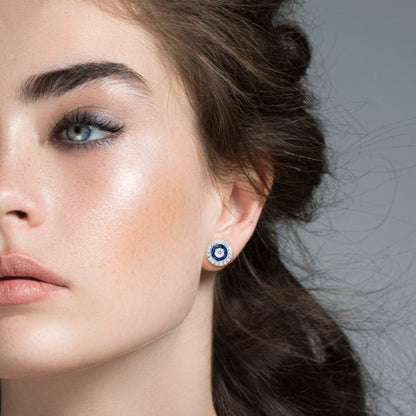 3mm Round Diamond & Blue Sapphire Vintage Style Halo Stud White Gold Earrings