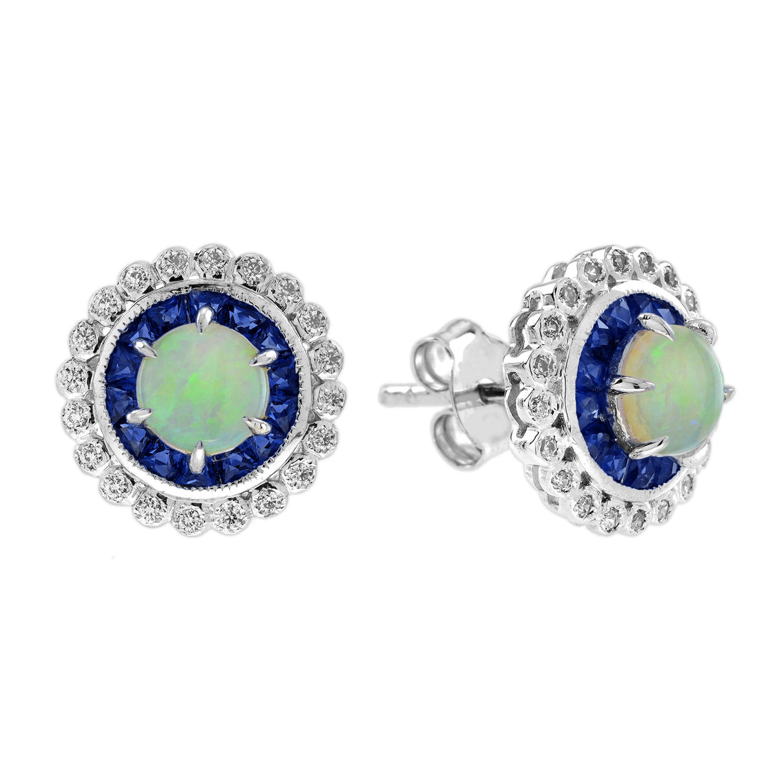 Opal & Blue Sapphire Diamond Halo Set Vintage Style Stud White Gold Earrings