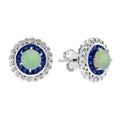 Opal & Blue Sapphire Diamond Halo Set Vintage Style Stud White Gold Earrings