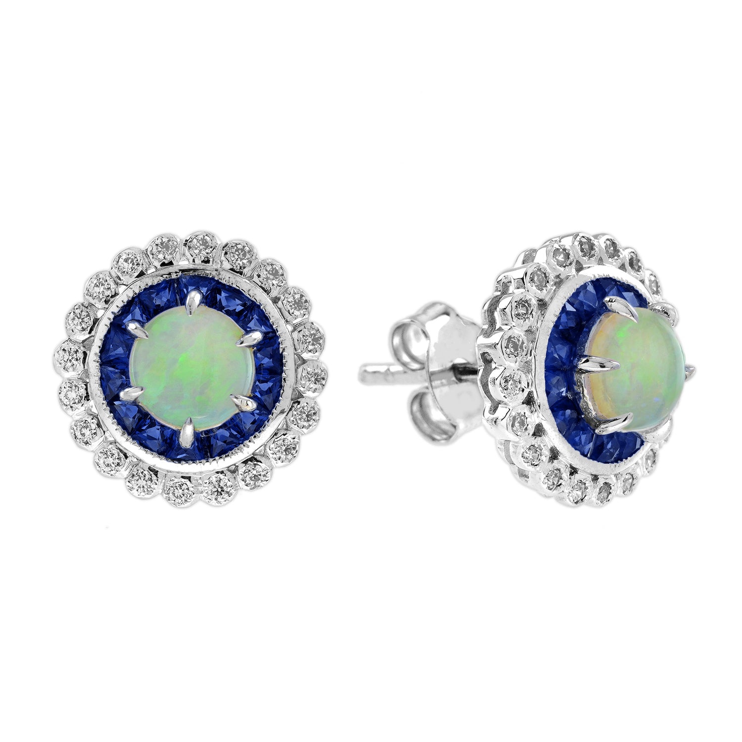 Opal &amp; Blue Sapphire Diamond Halo Set Vintage Style Stud White Gold Earrings