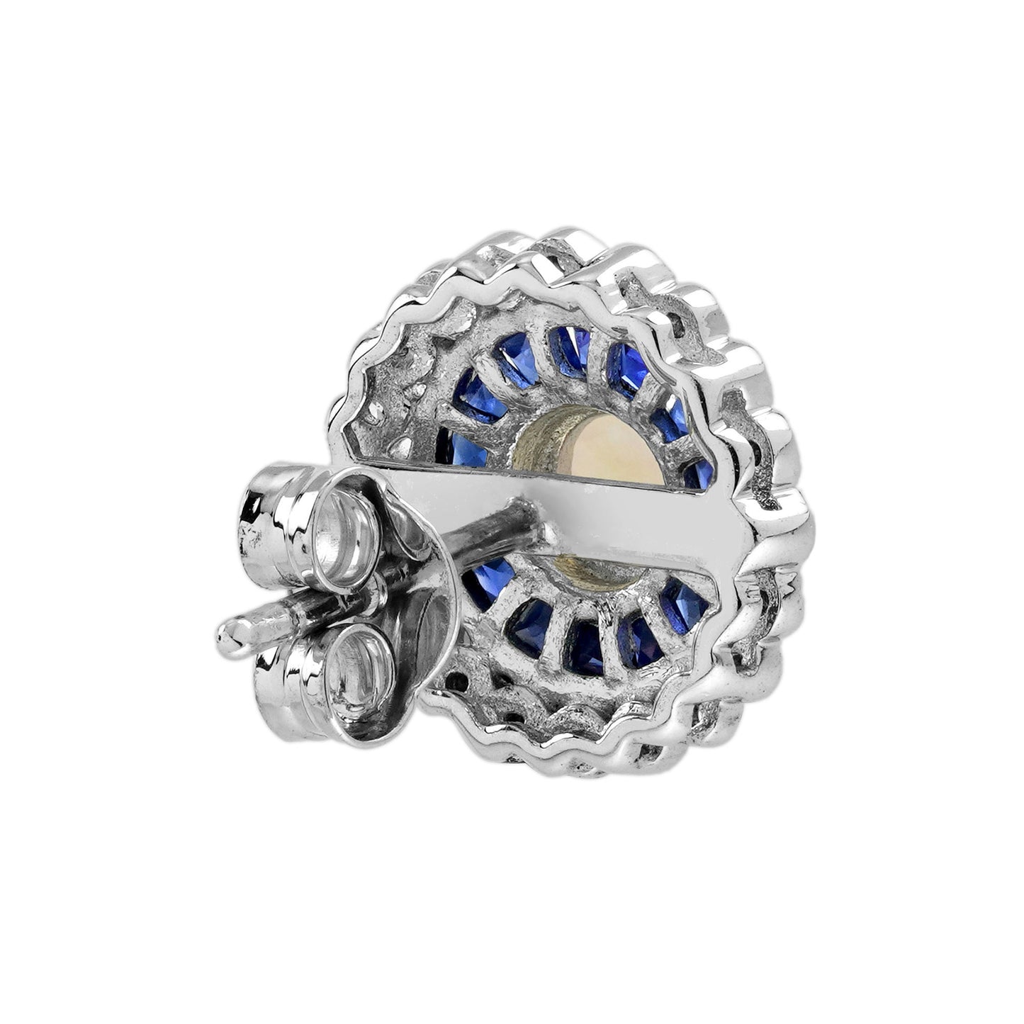 opal & blue sapphire diamond halo set vintage style stud white gold earrings