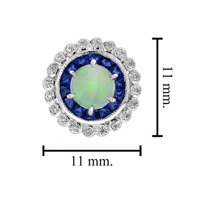 Opal Sapphire Diamond Vintage Style Pendant & Stud Earrings Jewelry Set
