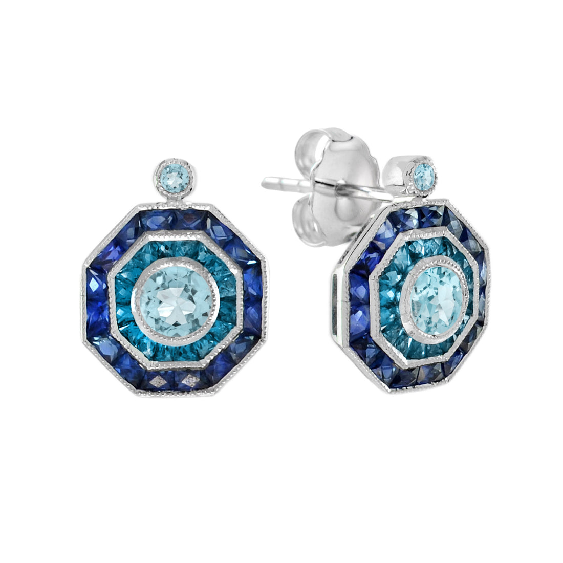 Aquamarine London Blue Topaz & Sapphire Art Deco Style White Gold Stud Earrings